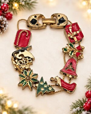 Vintage Christmas Icons Slider Charm Bracelet Red Green Enamel Gold Tone 7.75"